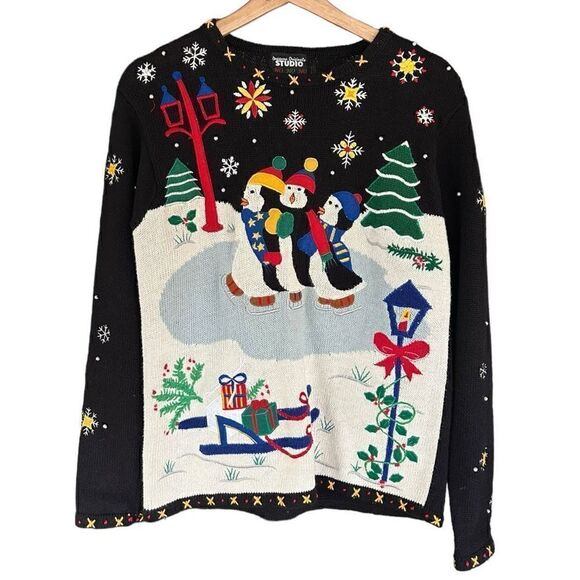 Designers Originals Studio Ho Ho Ho Ice Skating Penguins Christmas Sweater P/P - Picture 1 of 5
